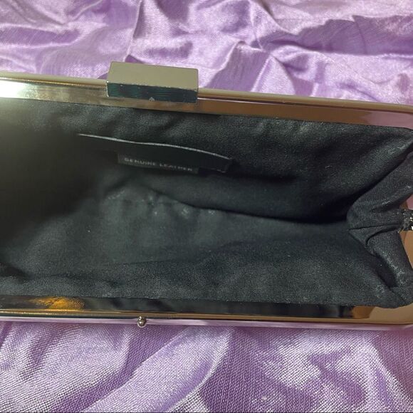 Express black leather kiss lock clutch with silver hardware - Picture 2 of 7